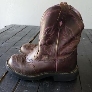 Justin Boots Women's 6 6B Brown Leather Fat Boy Cowgirl Boots Pink Stitching